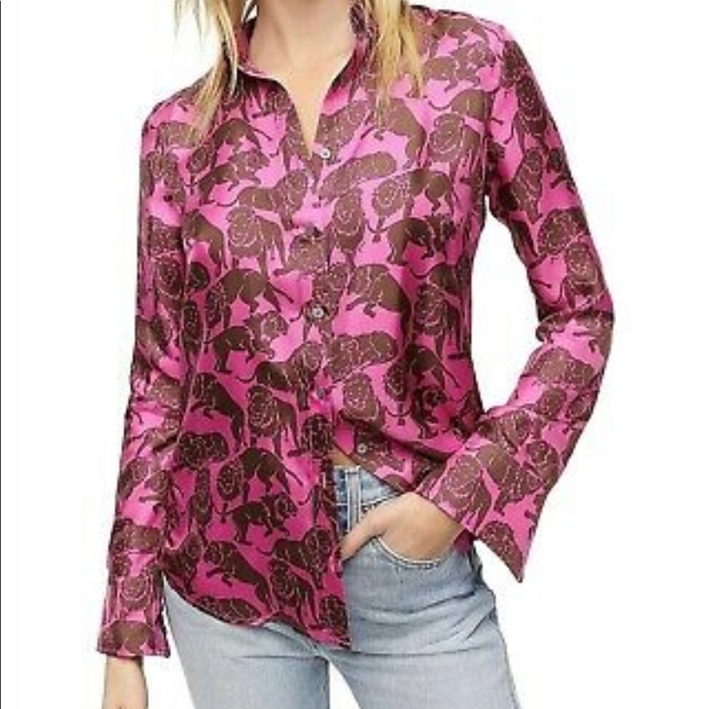 J Crew Collection pink silk twill button-up shirt in sleepy lions print
